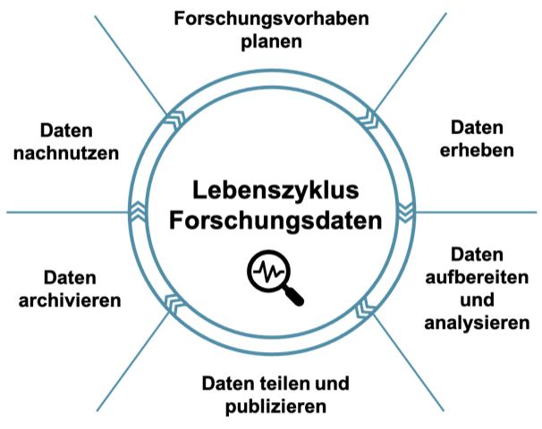 Grafik die den Lebenszyklus von Forschungsdaten veranschaulicht, vom Forschungsvorhaben planen, über Daten erheben, Daten aufbereiten und analysieren, Daten teilen und publizieren bis hin zum Daten archivieren.