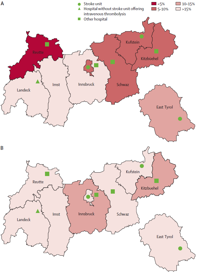 Thrombolysis administration in the nine counties of Tyrol in 2010 (A) and 2013 (B)