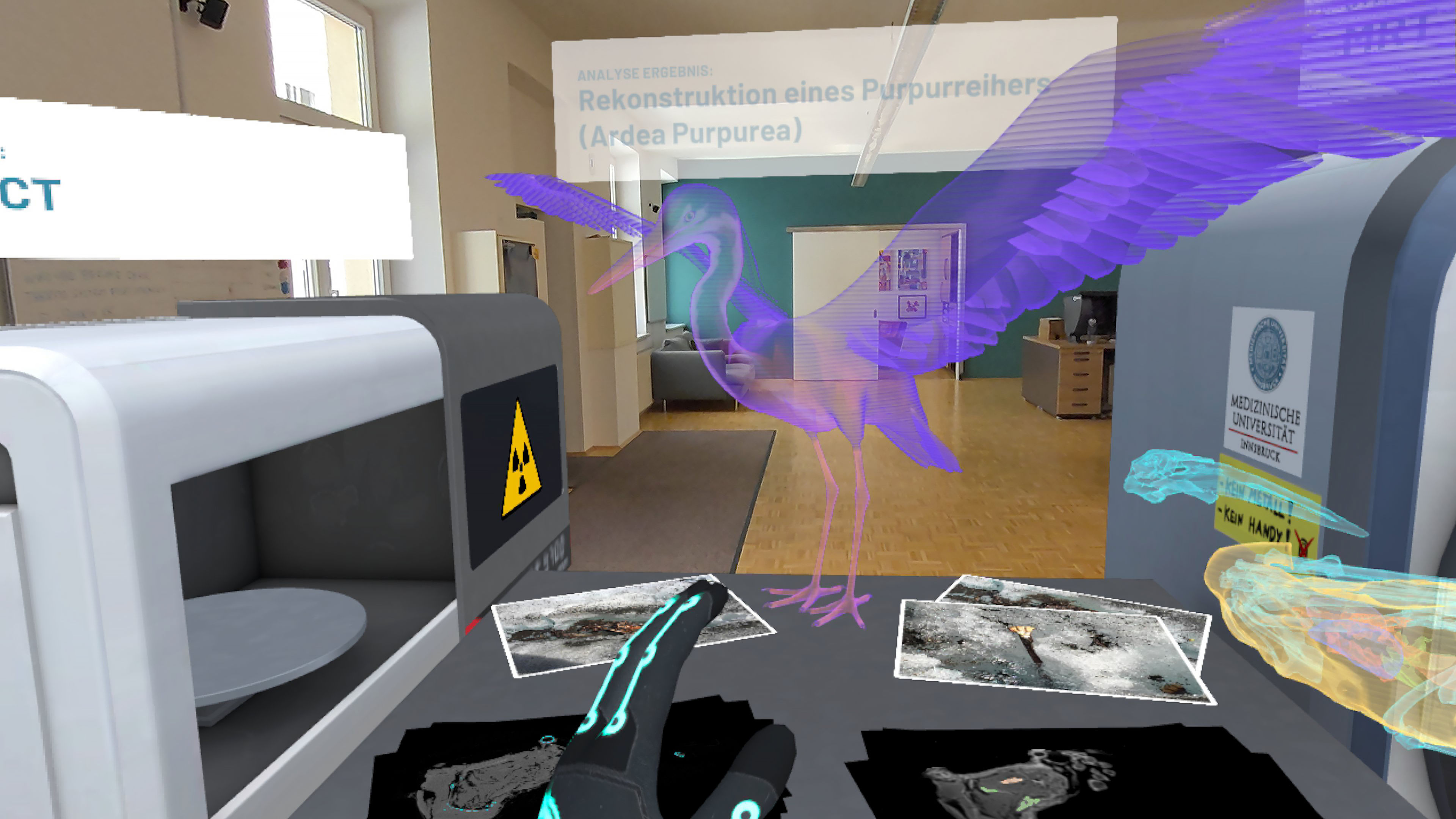 Ein im Gletschereis mumifizierter Purpurreiher wird zum digitalen Erlebnis. © MEDIASQUAD